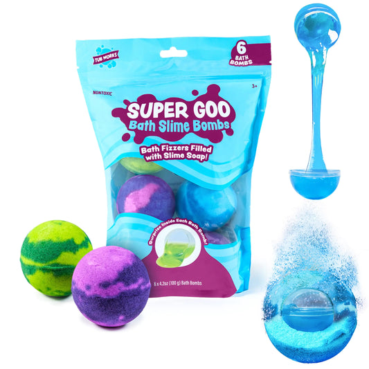 Tub Works® Super Goo Bath Slime Surprise Bath Bombs 6 Pack | Kids Bath Bombs with Surprise Inside | Nontoxic | Stretchy Squishy Bath Slime Soap Surprise Inside | Sensory Fun Bath Bombs for Kids