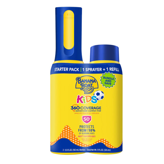 Banana Boat Kids 360 Coverage Sunscreen Mist SPF 50+ Bundle | Kids Sunscreen Spray with Refill SPF 50 Sunscreen Spray Mist Bottle Kids Spray Sunscreen Non-Aerosol Sunscreen 5.5oz ea Bundle Pack