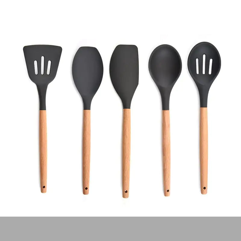 Silicone Kitchenware Set with Wooden Handles