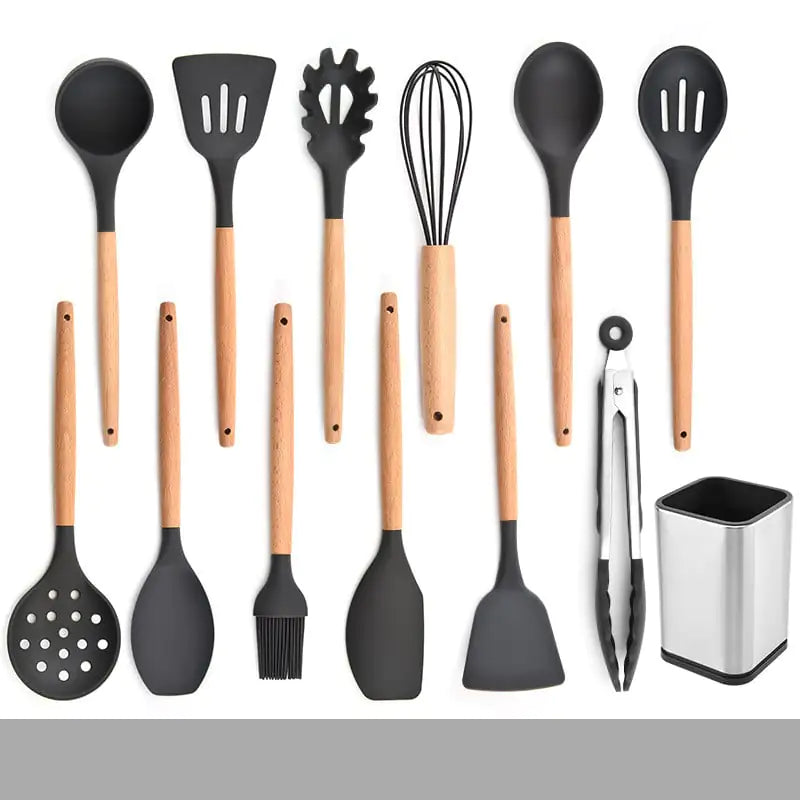 Silicone Kitchenware Set with Wooden Handles