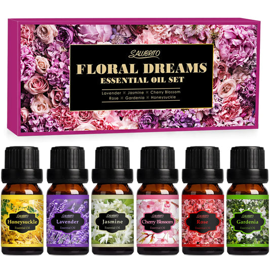 SALUBRITO Floral Fragrance Oils Set Essential Oils for Diffuser & Candle Making Scents 6x10ml Aromatherapy Oils Gift Set - Jasmine Lavender Rose Gardenia Cherry Blossom Honeysuckle Oil