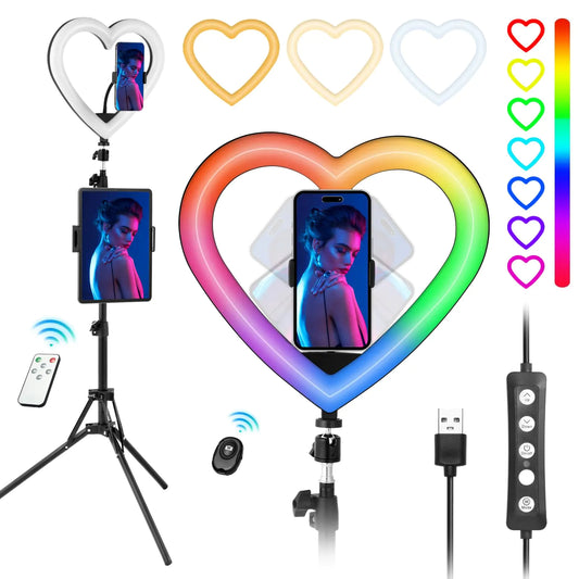 13 Selfie Ring Light with 73 Tripod Stand and Phone Holder&ipad Holder RGB Ring Lights 47 Color Modes Stepless Dimmable/Speed LED Heart RingLight for iPhone & AndroidYouTubeMakeupTiKToK