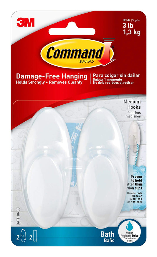 Command Medium Bath Hooks Holds up to 3 lb 2 Shower Hooks with 2 Command Strips Damage Free Bathroom Organization for Robes Towels or Loofahs