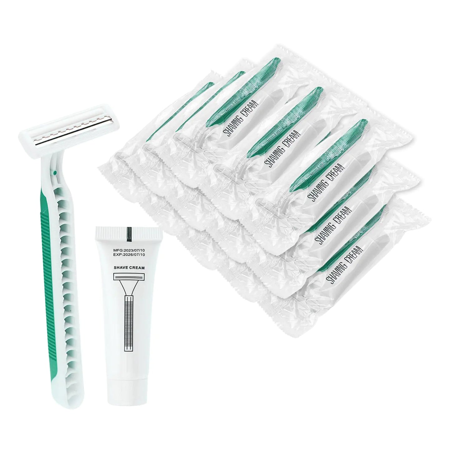 Disposable Razors in Bulk Pack of 30Green Disposable Shaving Razors Individual Wrapped Twin Blade Bulk Disposable Razors with Clear Cap and 10g Shaving Cream for HomelessHotelTravelCharityShelter