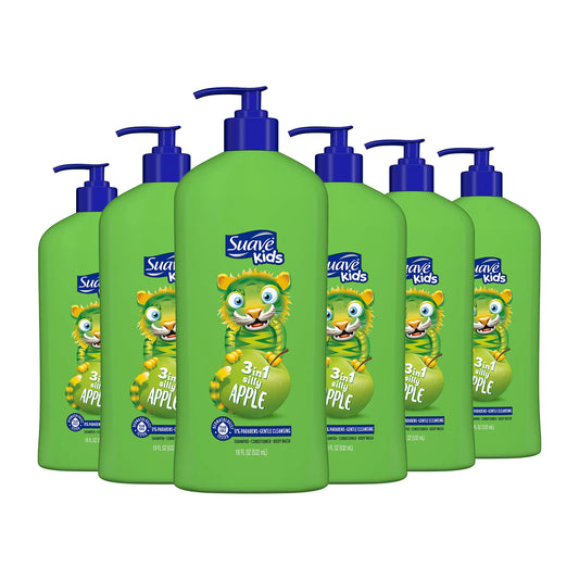 Suave Kids 3-in-1 Tear Free Body Wash Shampoo and Conditioners Dermartologist Tested Silly Apple 18 Oz Pack of 6