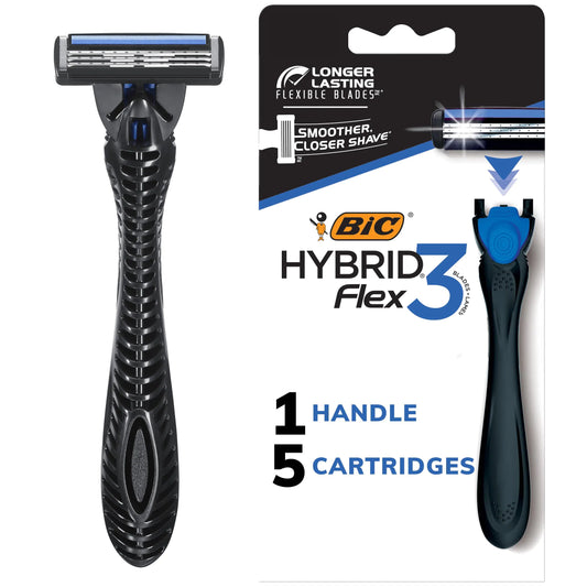 BIC Flex 3 Hybrid Disposable Razors for Men Long-lasting 3-Blade Razors With Slim Head for Precision Shaving 1 Handle and 5 Cartridges 6 Piece Shaving Kit