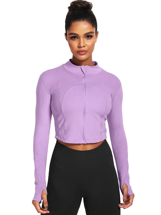CADMUS Womens Workout Long Sleeve Shirts Crop Tops Running Shirt Athletic GymLavenderLarge