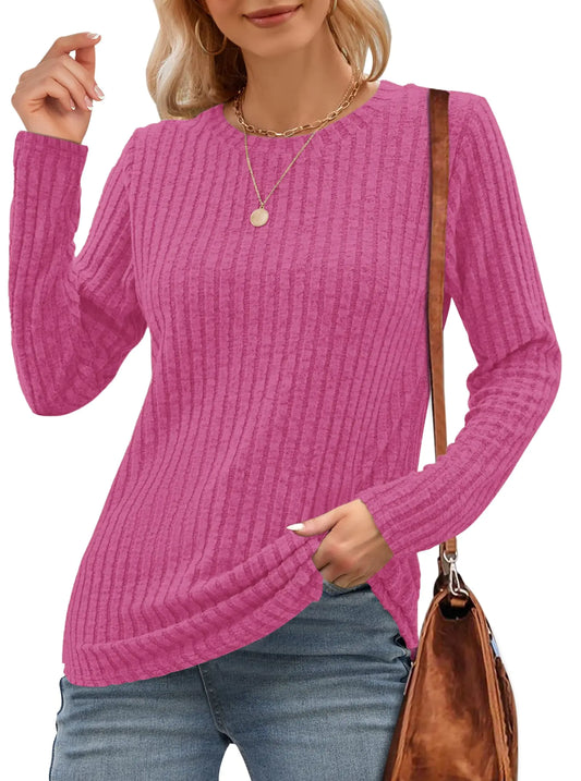 WNEEDU Long Sleeve Shirts for Women Round Neck Casual Lightweight Tunic Tops(Rose RedXL)